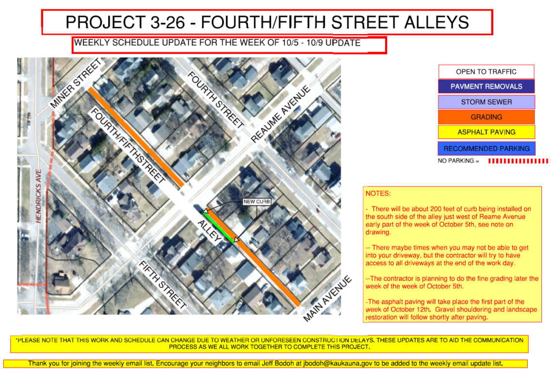 Map showing grading along Fourth/Fifth Street Alley and a small portion of new curb along the same alley near Reaume Avenue