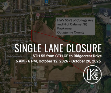 Map showing a single lane closure on STH 55 from CTH CE to Ridgecrest Drive in Kaukauna, Outagamie County, from October 12 to October 20, 2026, between 6 AM and 6 PM.